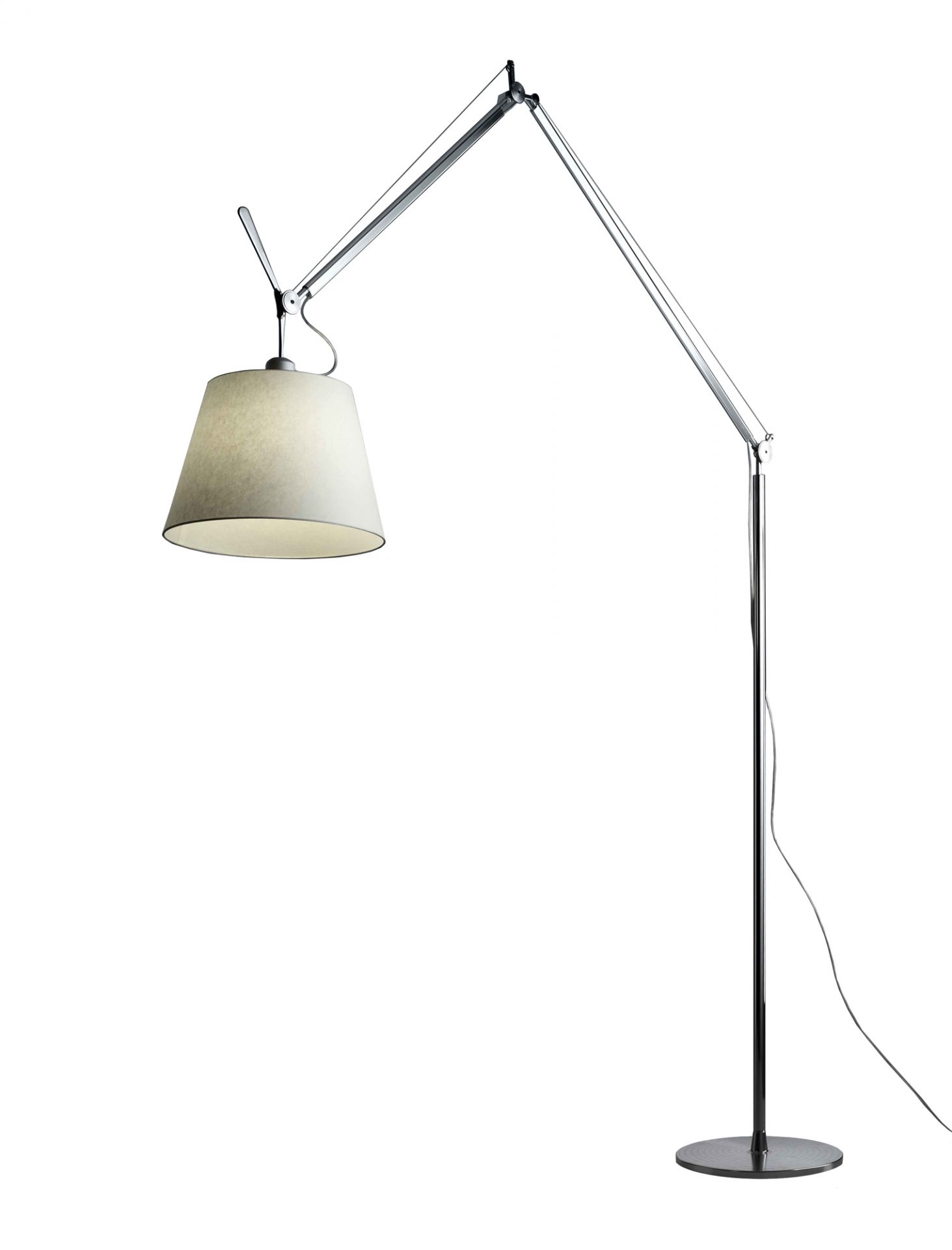 Artemide Tolomeo Mega LED Stehleuchte mit Stoffschirm und Dimmer aus Aluminium.